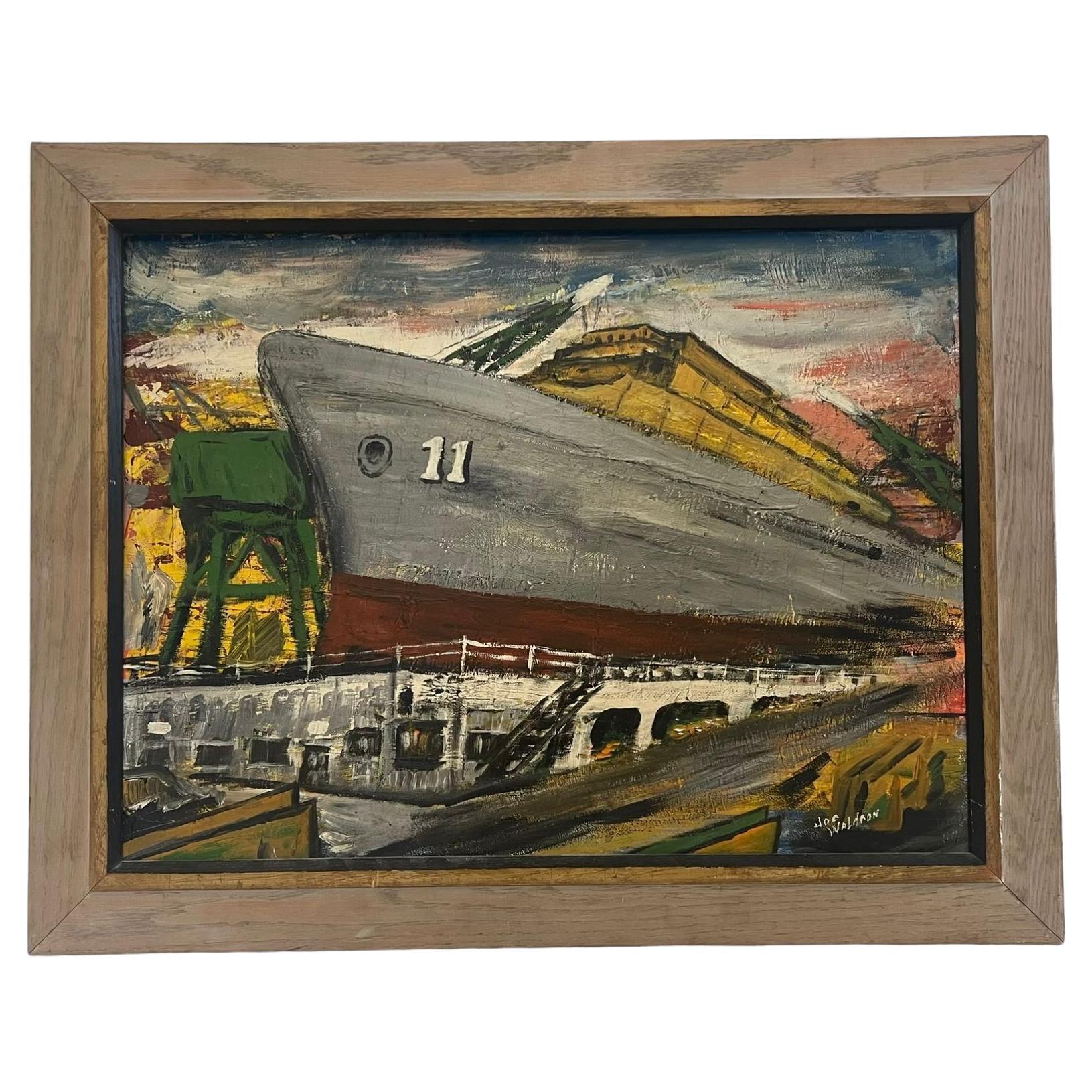 Vintage Mid Century Modern Style original Boat Yard painting.