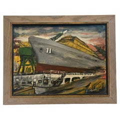 Vintage Mid Century Modern Style original Boat Yard painting.