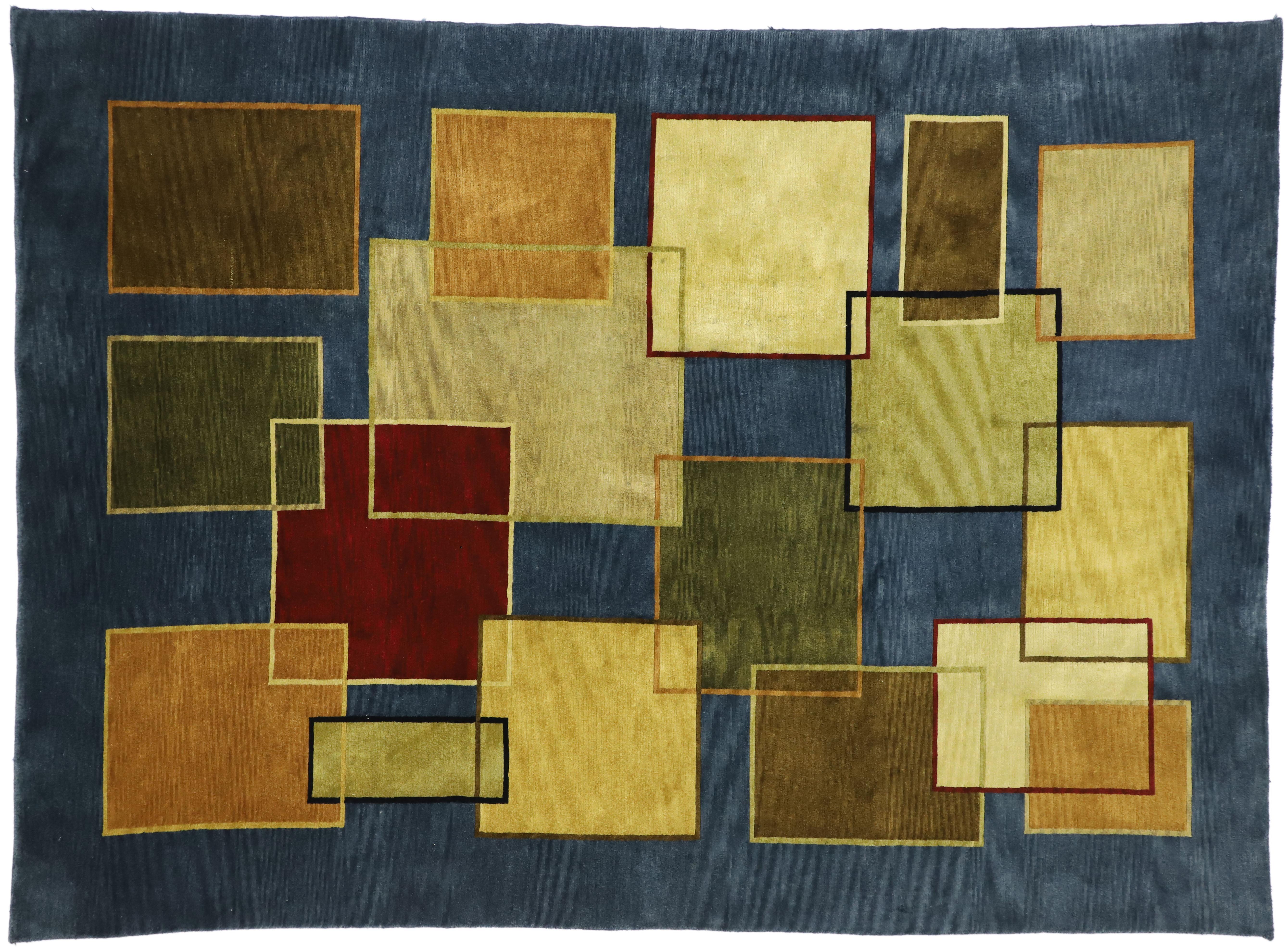 Wool Vintage Mid-Century Modern Style Rug with Cubism and Bauhaus Design