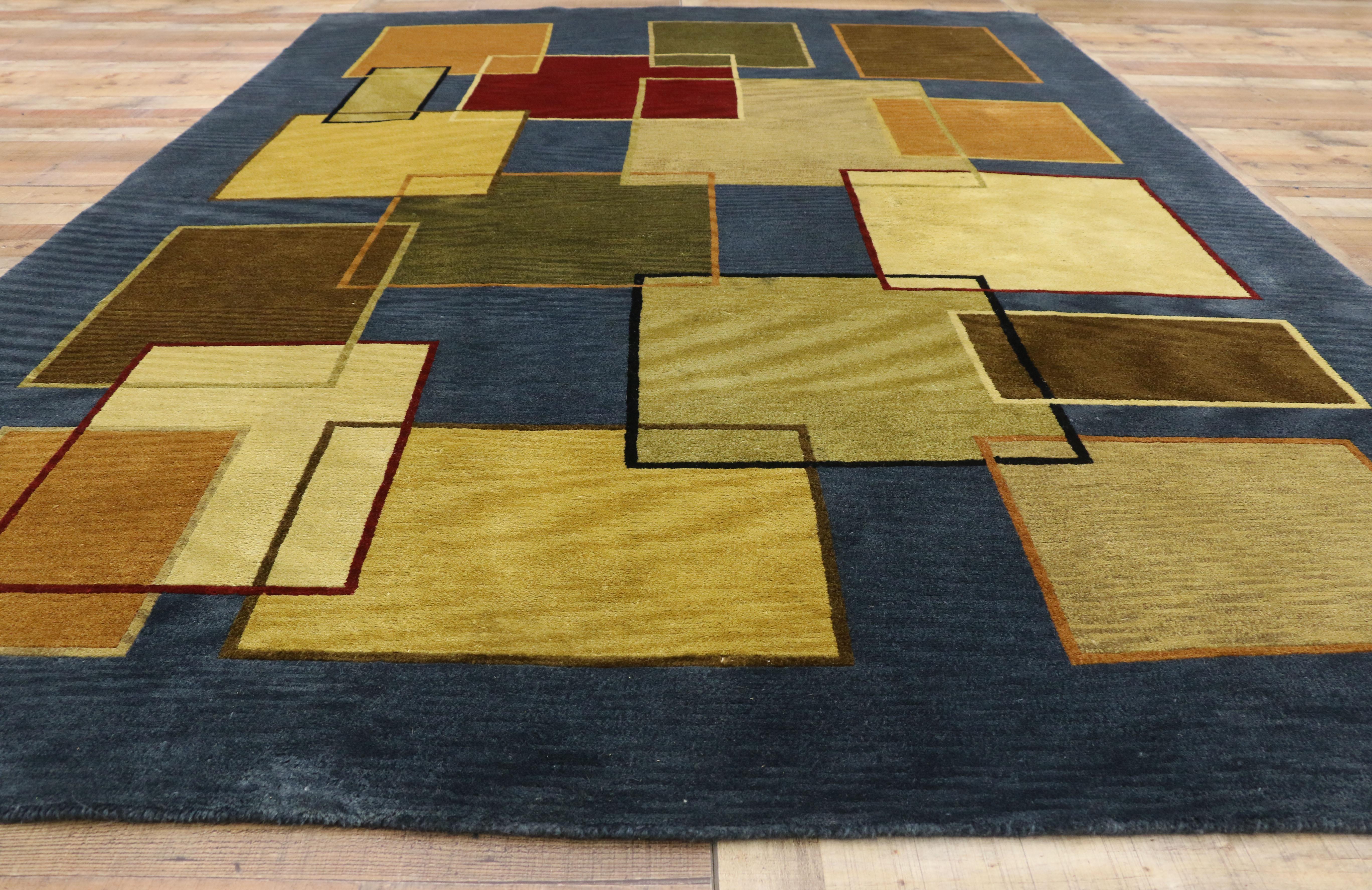 Hand-Knotted Vintage Mid-Century Modern Style Rug with Cubism and Bauhaus Design