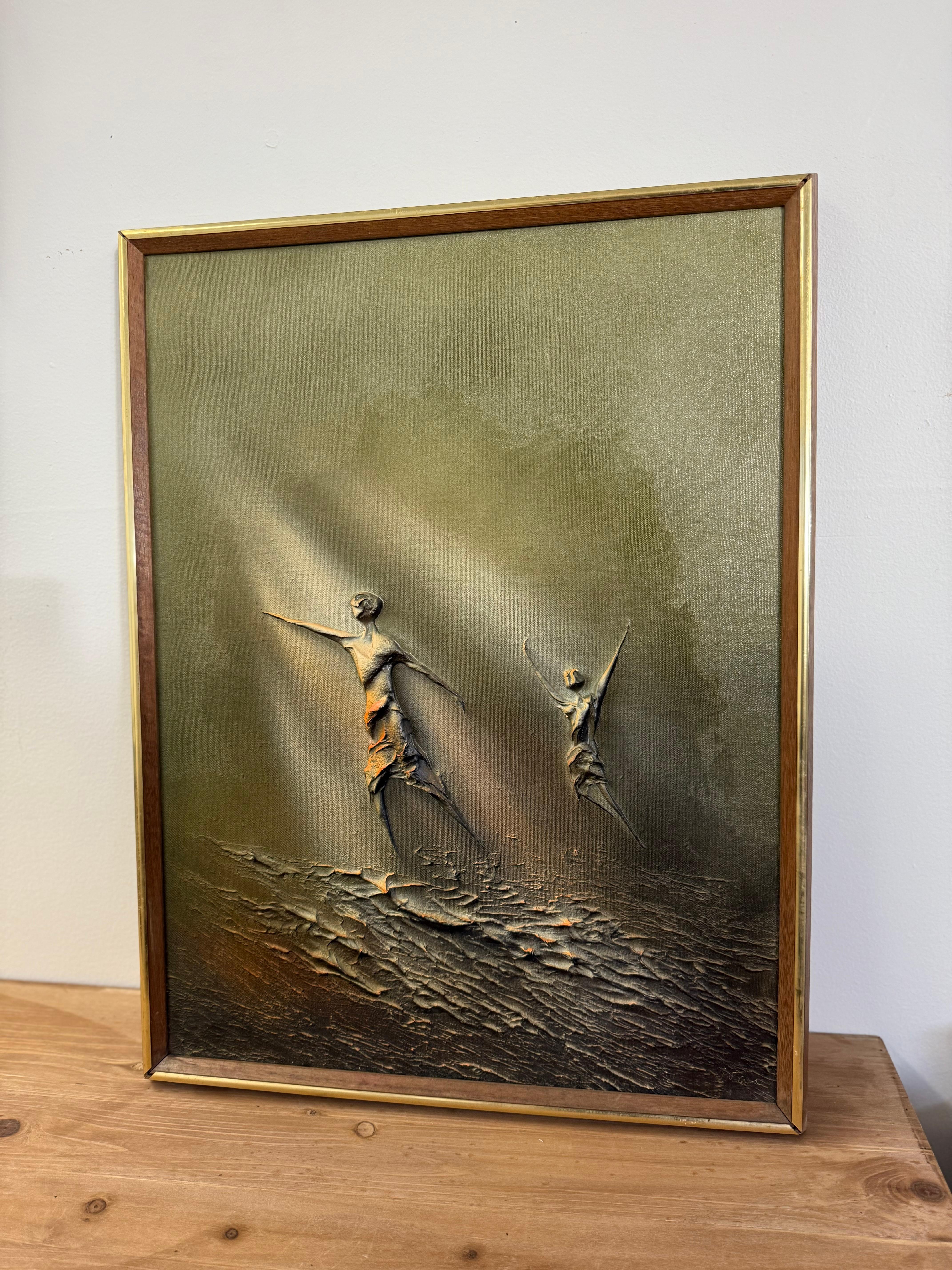 The artwork features a unique three-dimensional texture that creates a sense of depth and movement, drawing the viewer's eye to the figures depicted. The two figures, one appearing to be larger and more prominent than the other, are captured in a