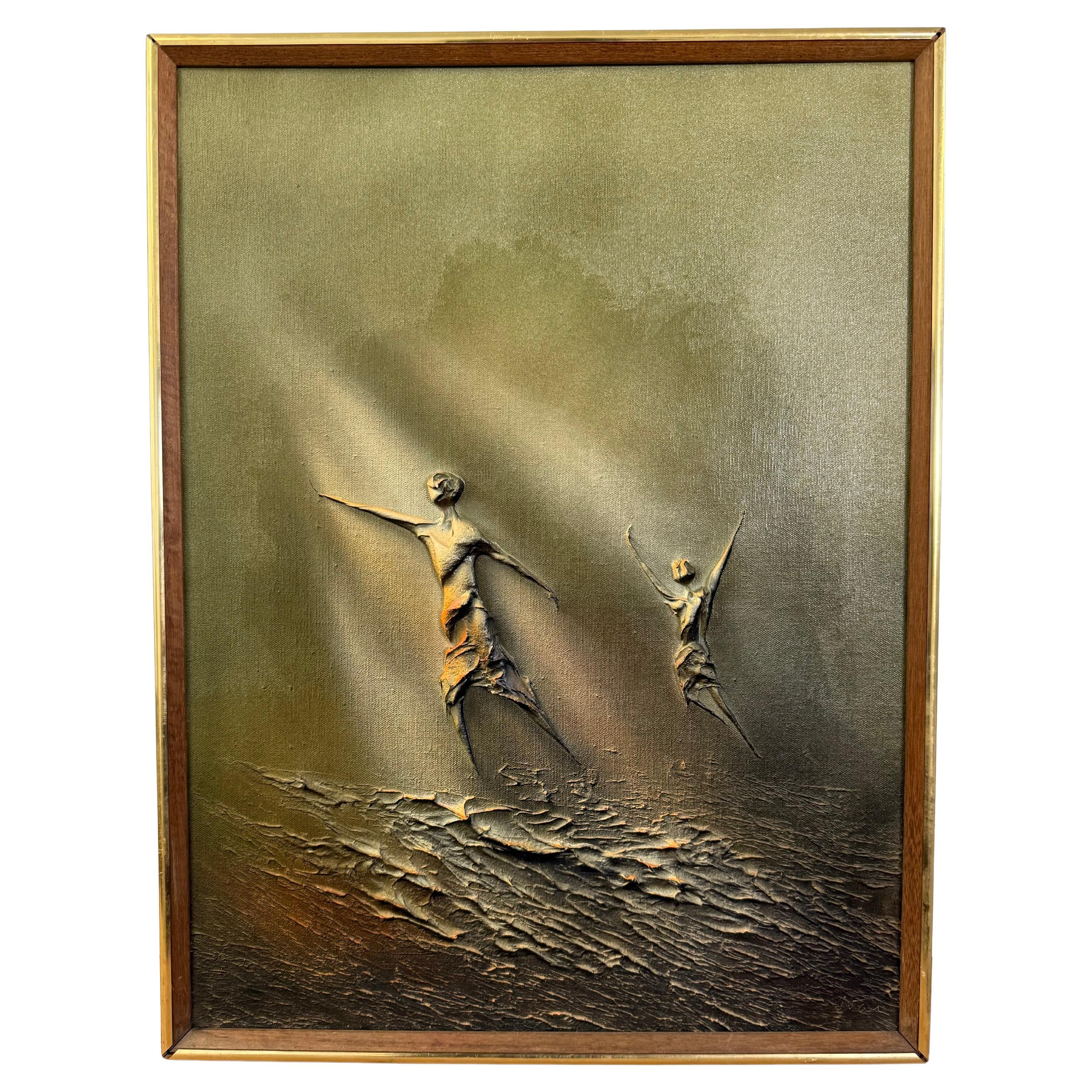 vintage mid century modern style textured painting by Norway Artist Ivar Bruun For Sale