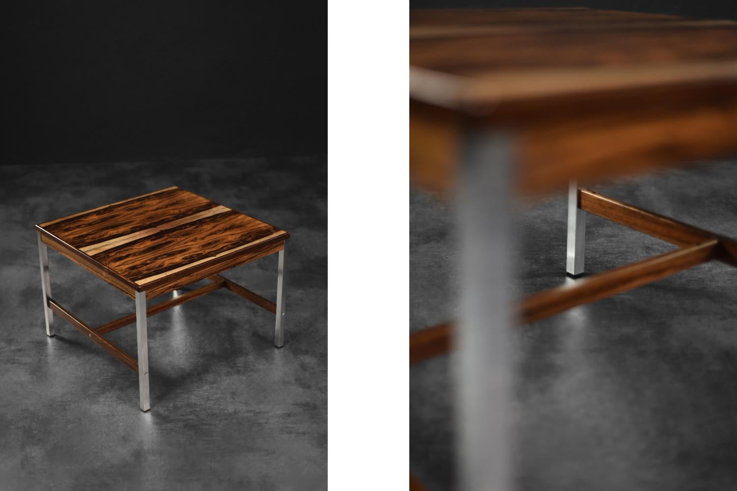 Scandinavo moderno Tavolino quadrato svedese in palissandro e alluminio d'epoca della metà del secolo scorso in vendita