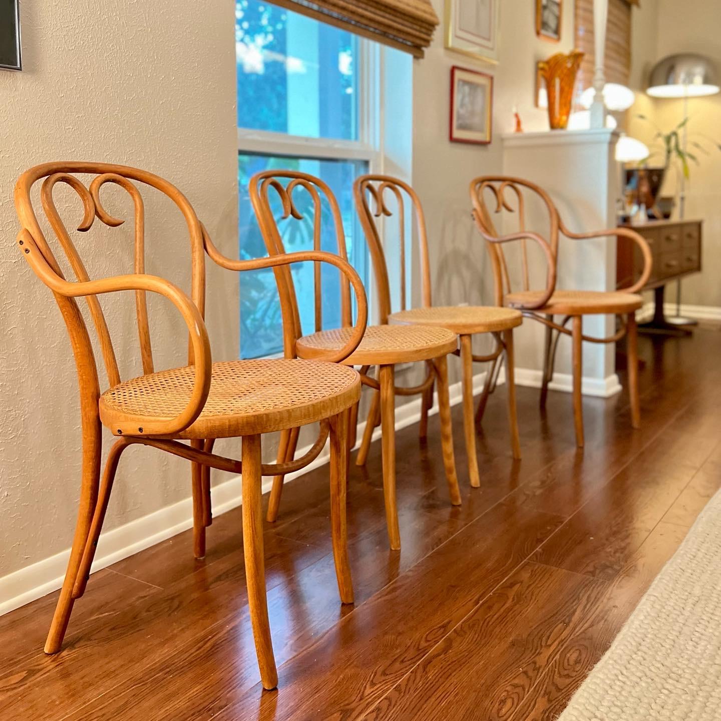 Caning Vintage Mid-Century Modern Sweetheart Bistro Cane Thonet Chairs Set of 4