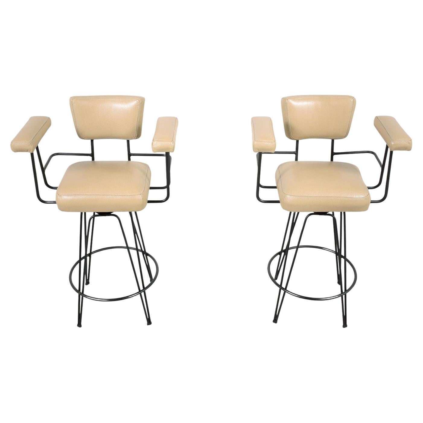 Vintage Mid-Century Modern Swivel Barstools in Black and Beige For Sale