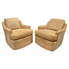 Vintage Mid-Century Modern Swivel Brown Upholstered Lounge Club Chairs, a Pair