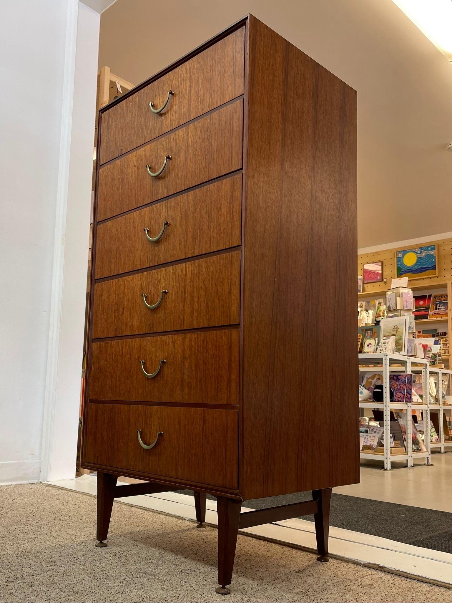 Mid-Century Modern Vintage Mid Century Modern Tall Chest of Drawers Dresser by Meredew Uk Import. For Sale