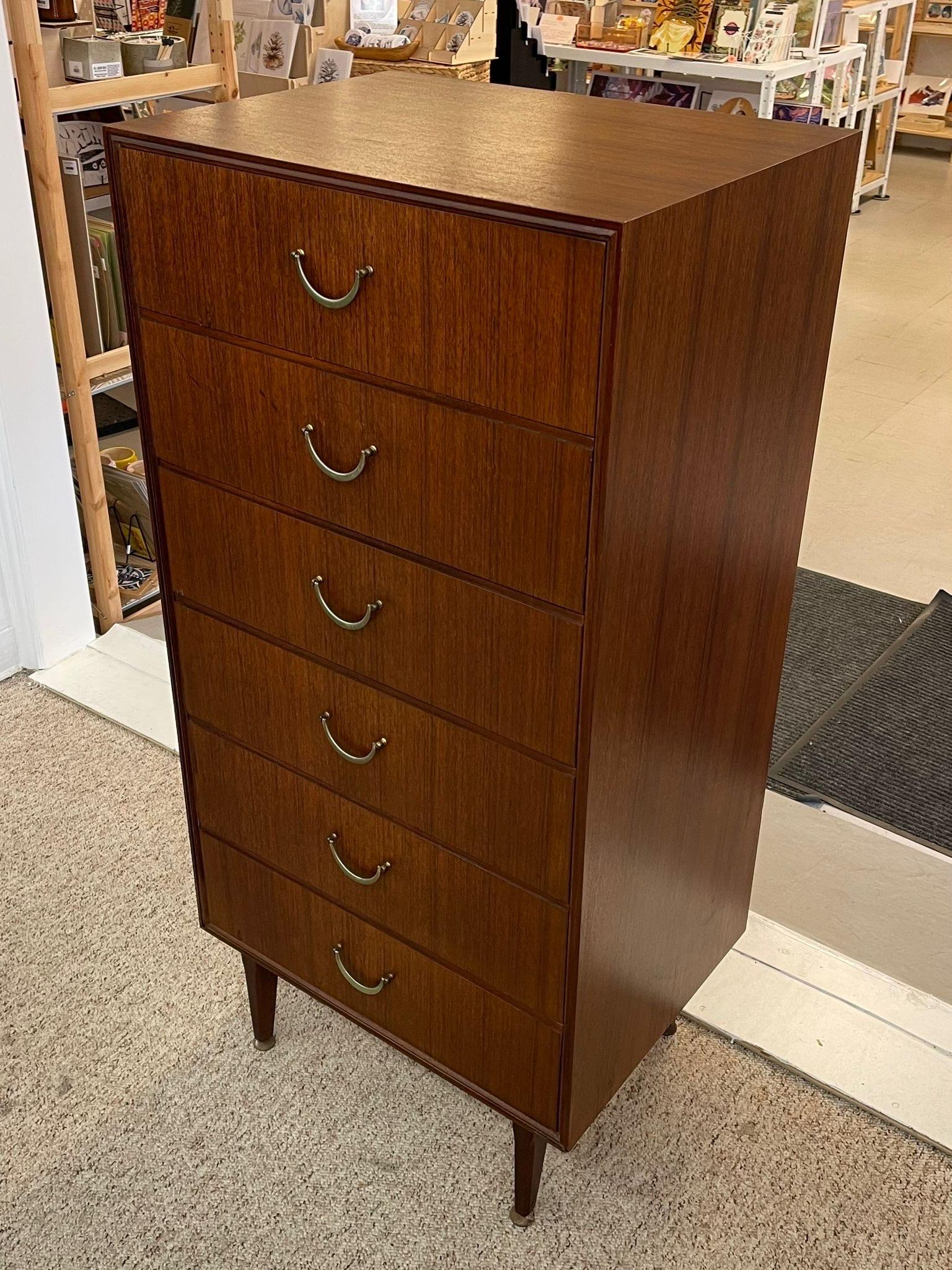 Vintage Mid Century Modern Tall Chest of Drawers Dresser by Meredew Uk Import. In Good Condition For Sale In Seattle, WA