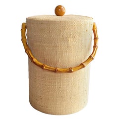 Retro Mid-Century Modern Tall Grass Cloth Ice Bucket with Bamboo Tongs