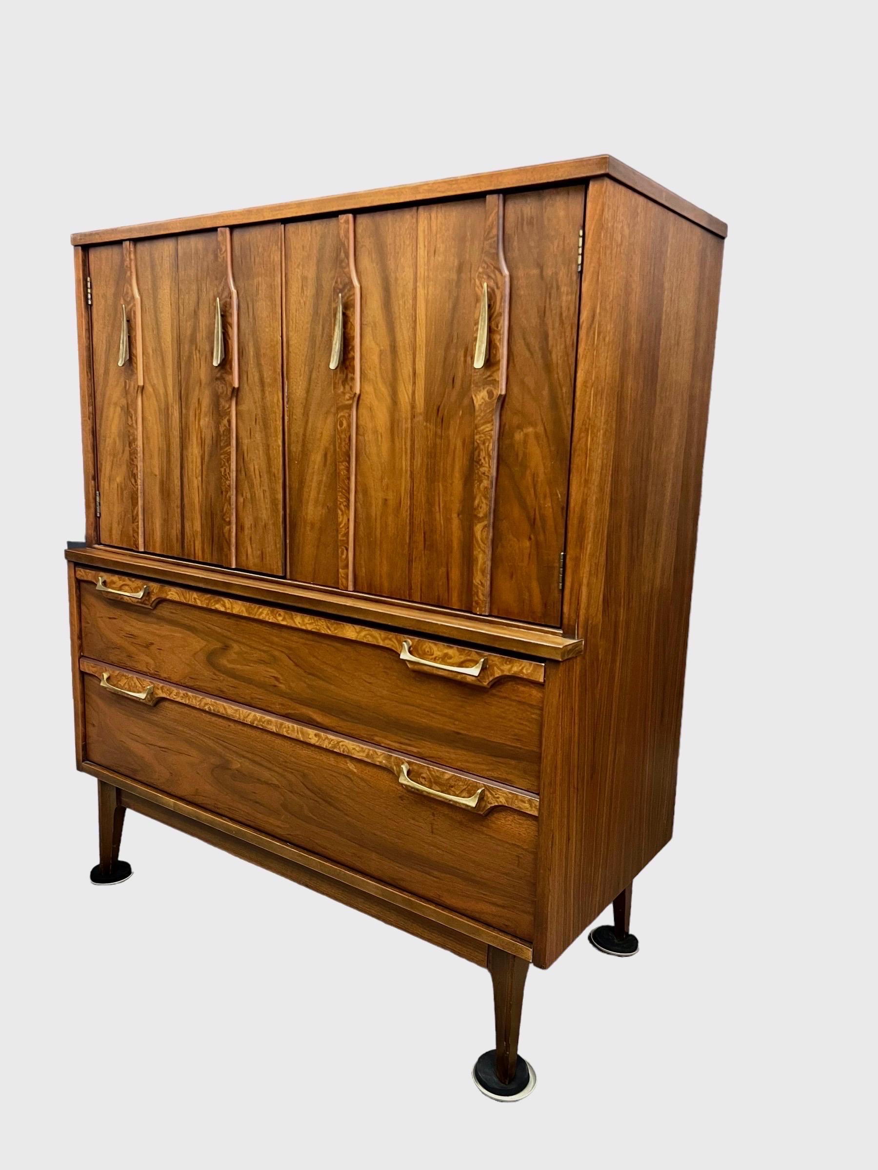 Vintage Mid Century Modern Tallboy Dresser Solid Walnut Burl Accents In Good Condition For Sale In Seattle, WA