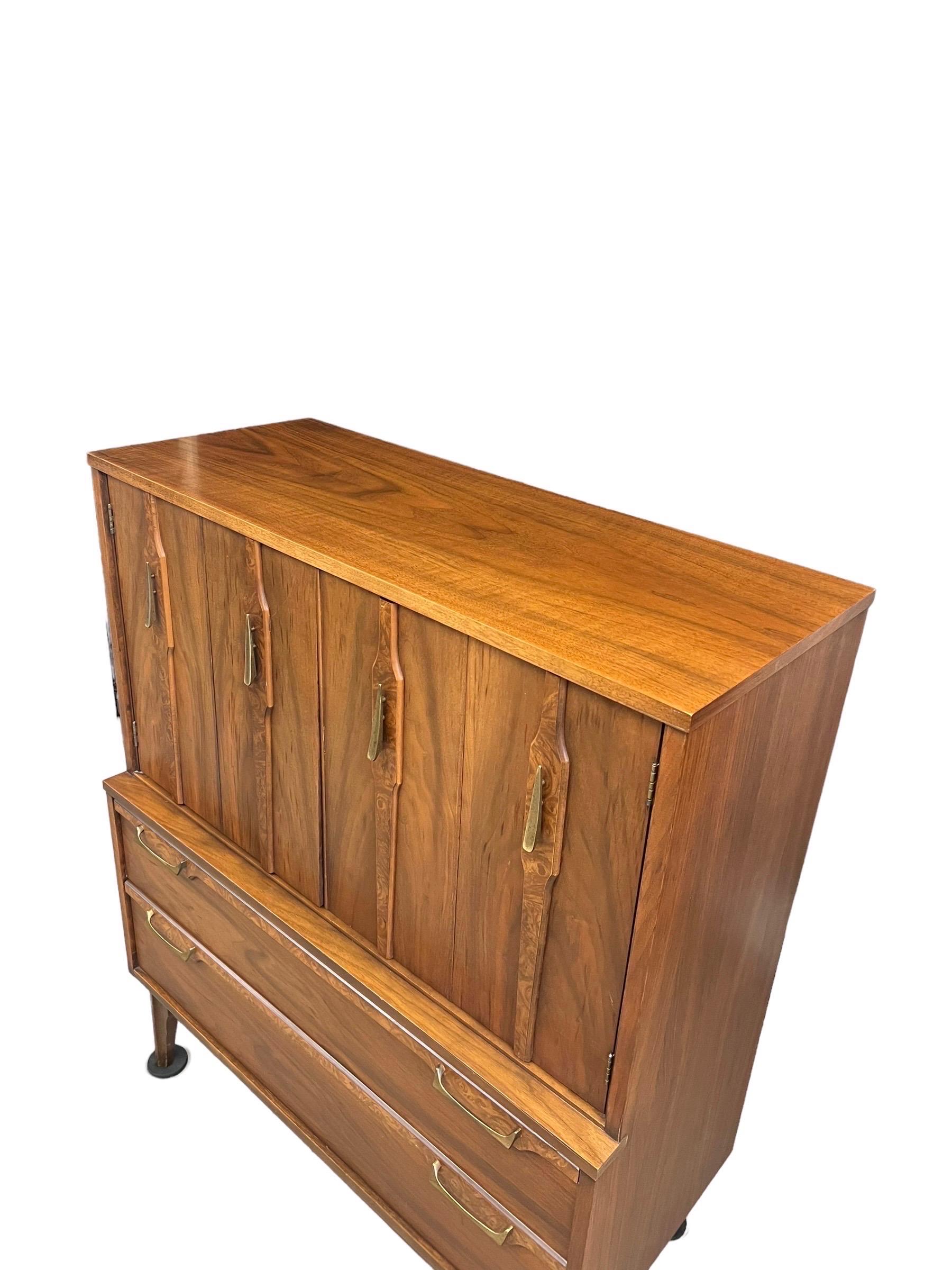 Vintage Mid Century Modern Tallboy Dresser Solid Walnut Burl Accents For Sale 2