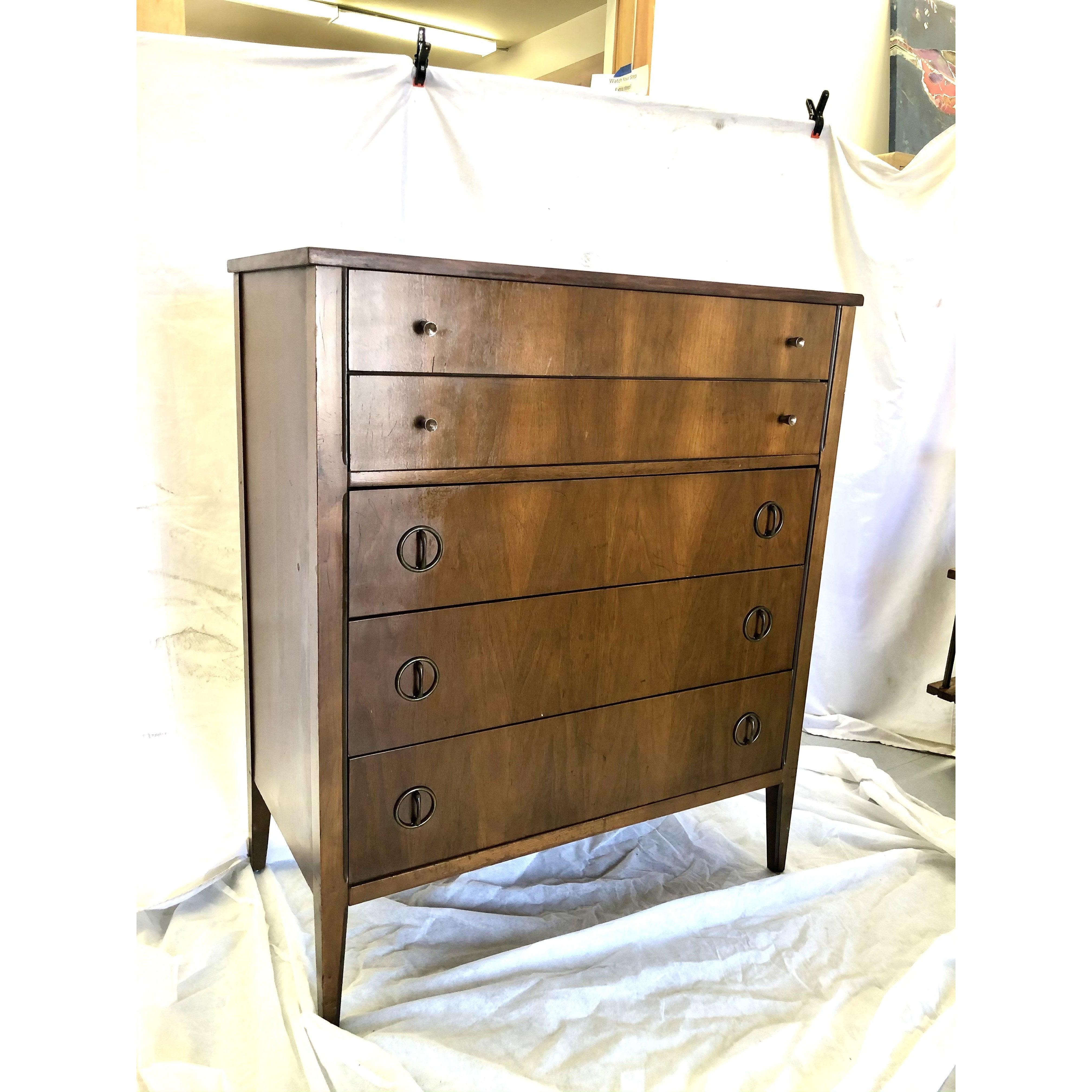 Vintage Mid Century Modern Tallboy Dresser Walnut Tone with Original metal pulls In Good Condition For Sale In Seattle, WA