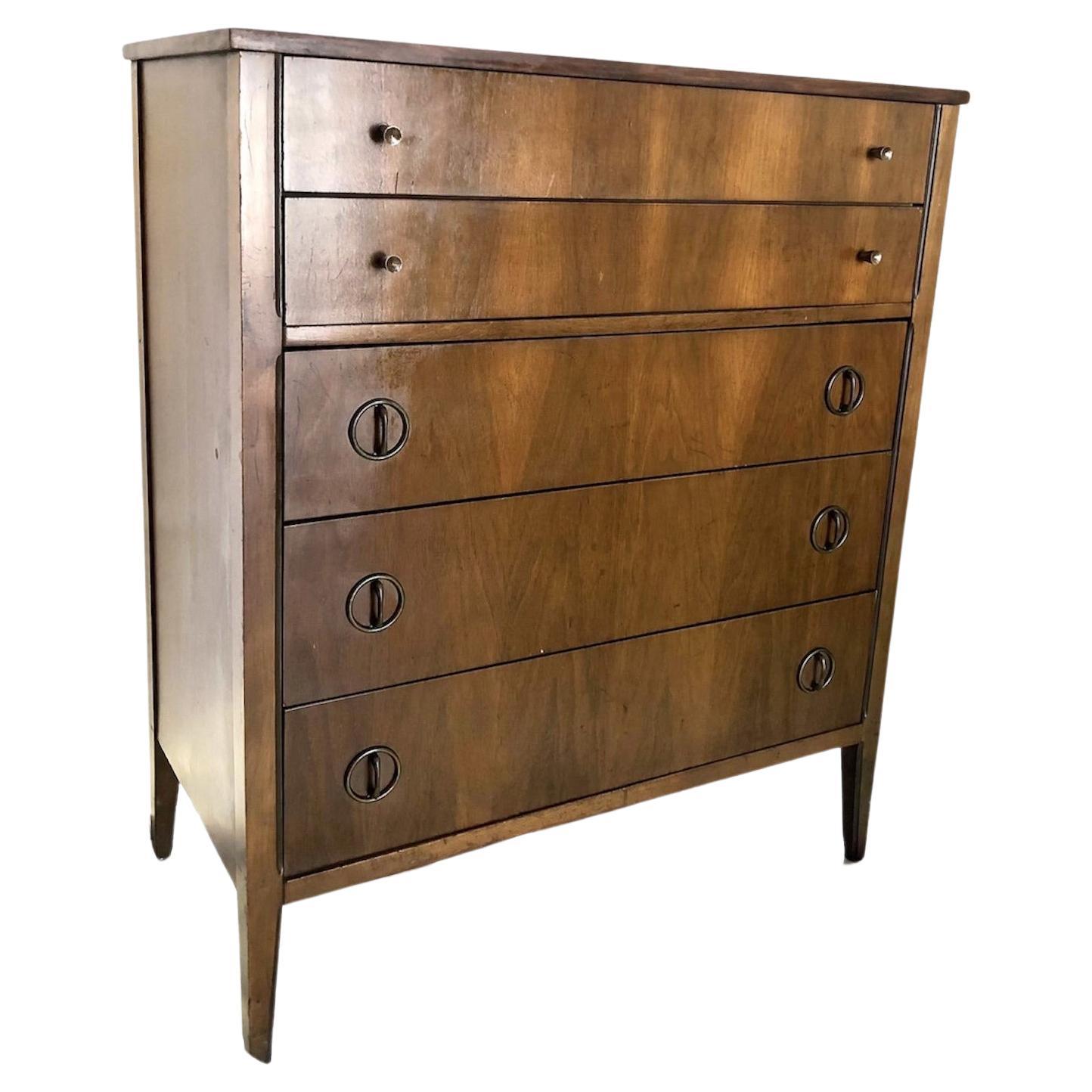 Vintage Mid Century Modern Tallboy Dresser Walnut Tone with Original metal pulls For Sale