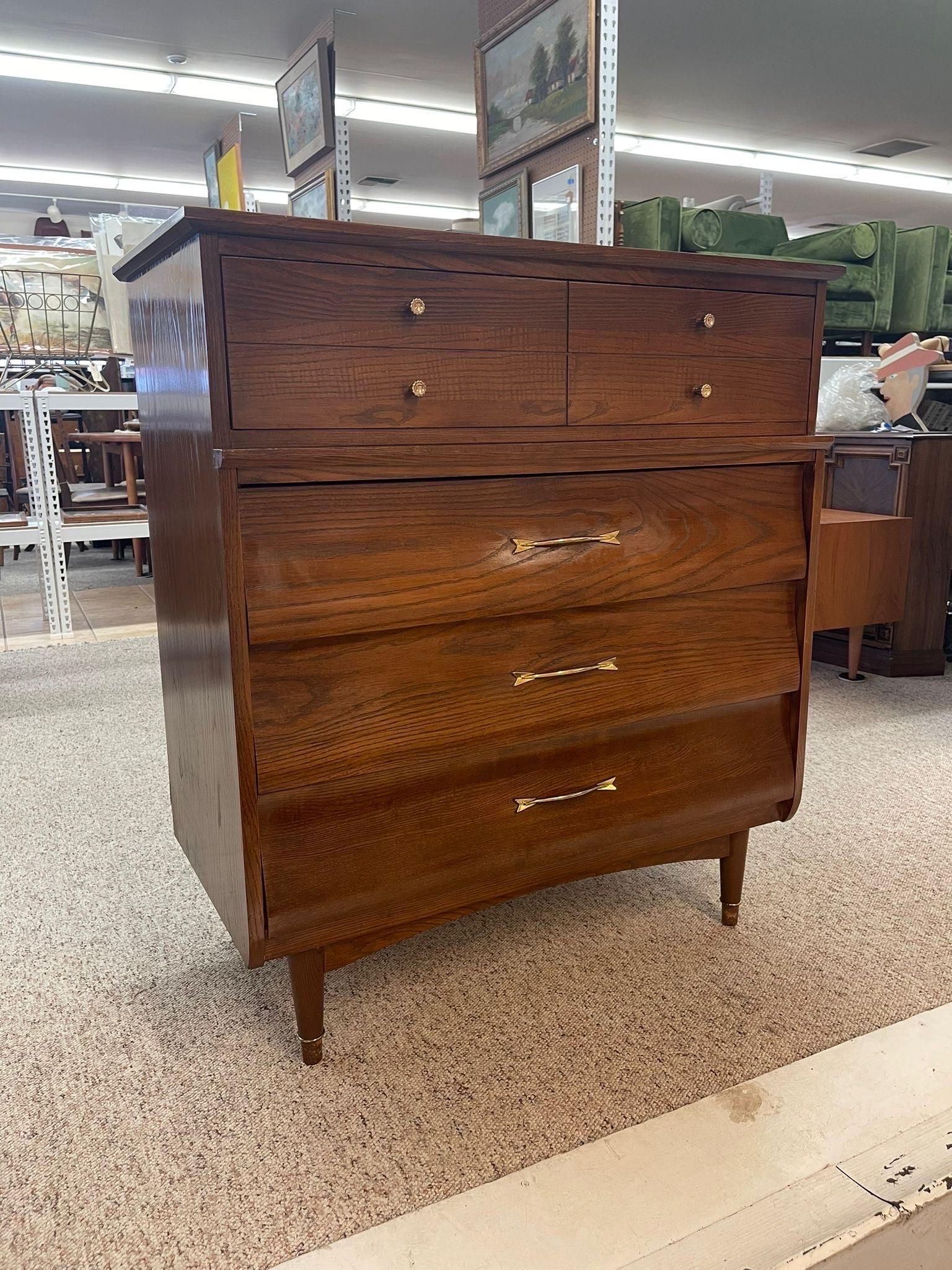 Wood Vintage Mid Century Modern Tallboy Dresser With Dovetail Drawers For Sale