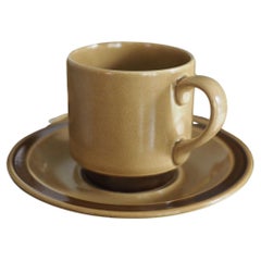 Vintage Mid Century Modern Tan & Brown Stoneware Coffee Cup & Saucer