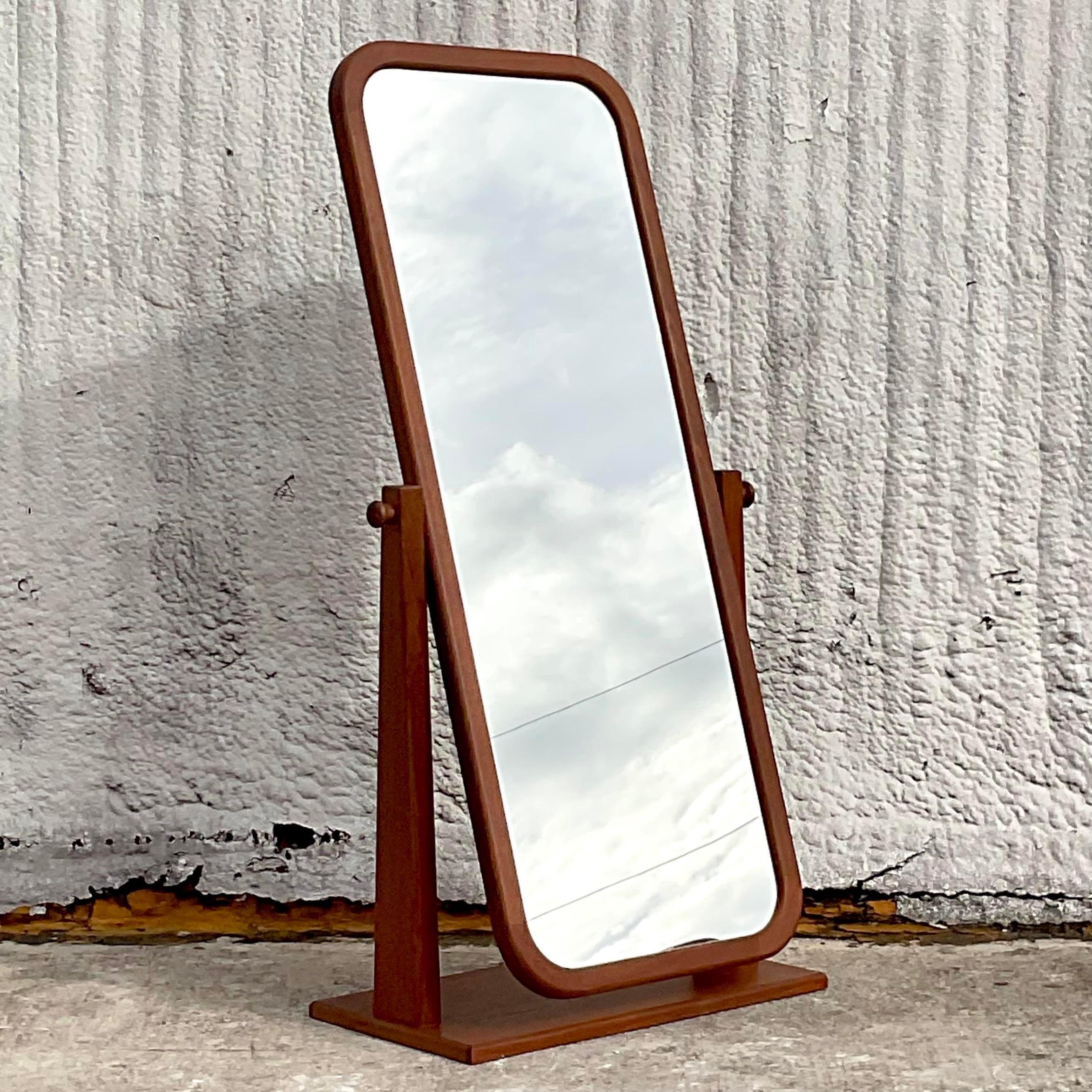 Danish Vintage Mid-Century Modern Teak Cheval Standing Floor Mirror
