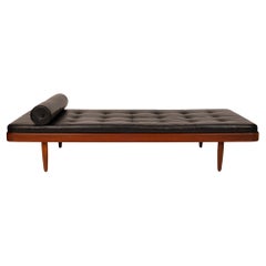Vintage Mid-Century Modern Teak Daybed in Black Tufted Leather