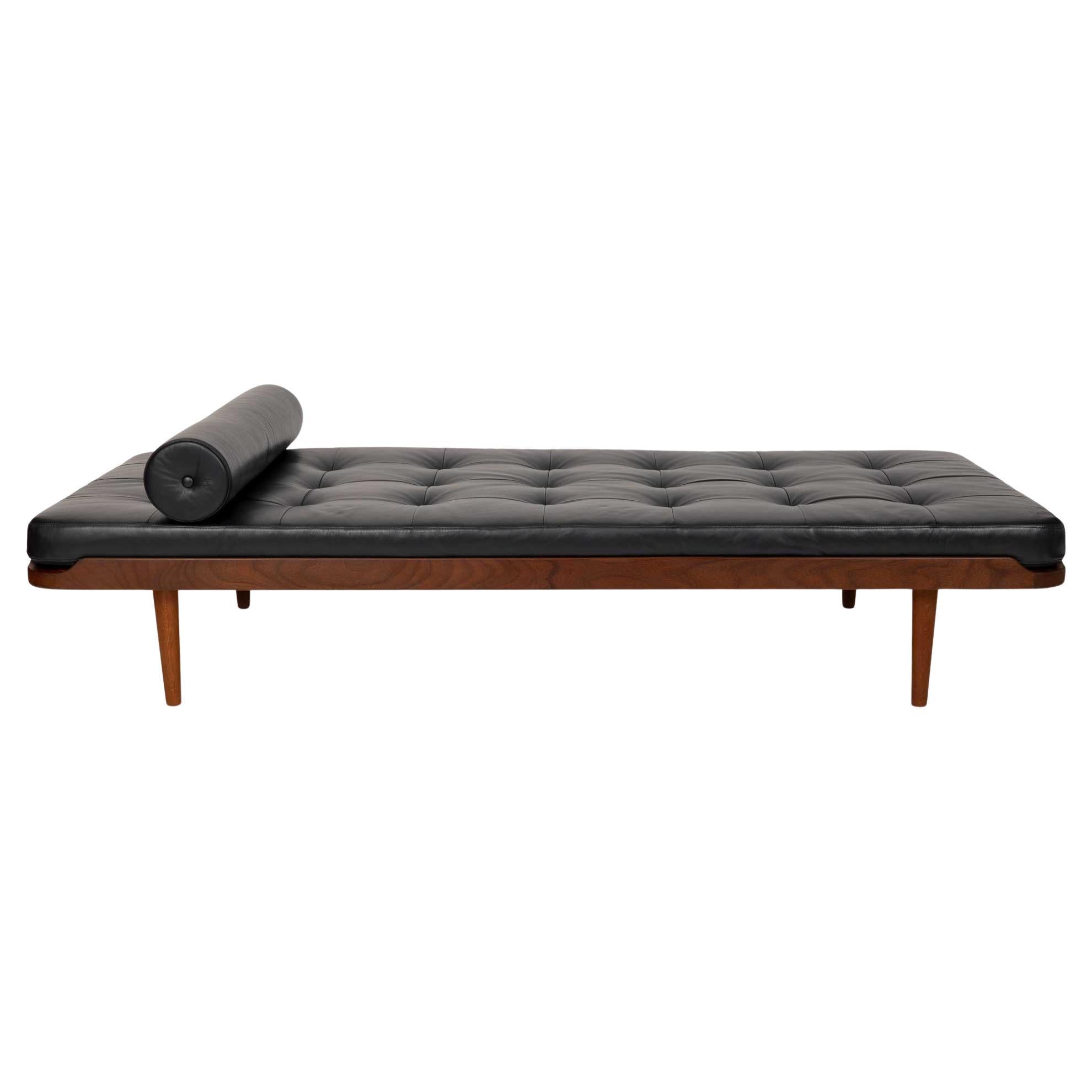 Vintage Mid-Century Modern Teak Daybed in Black Tufted Leather