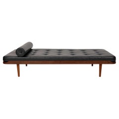 Vintage Mid-Century Modern Teak Daybed in Black Tufted Leather
