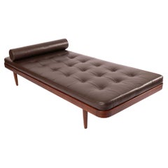 Vintage Mid-Century Modern Teak Daybed in Tufted Brown Leather