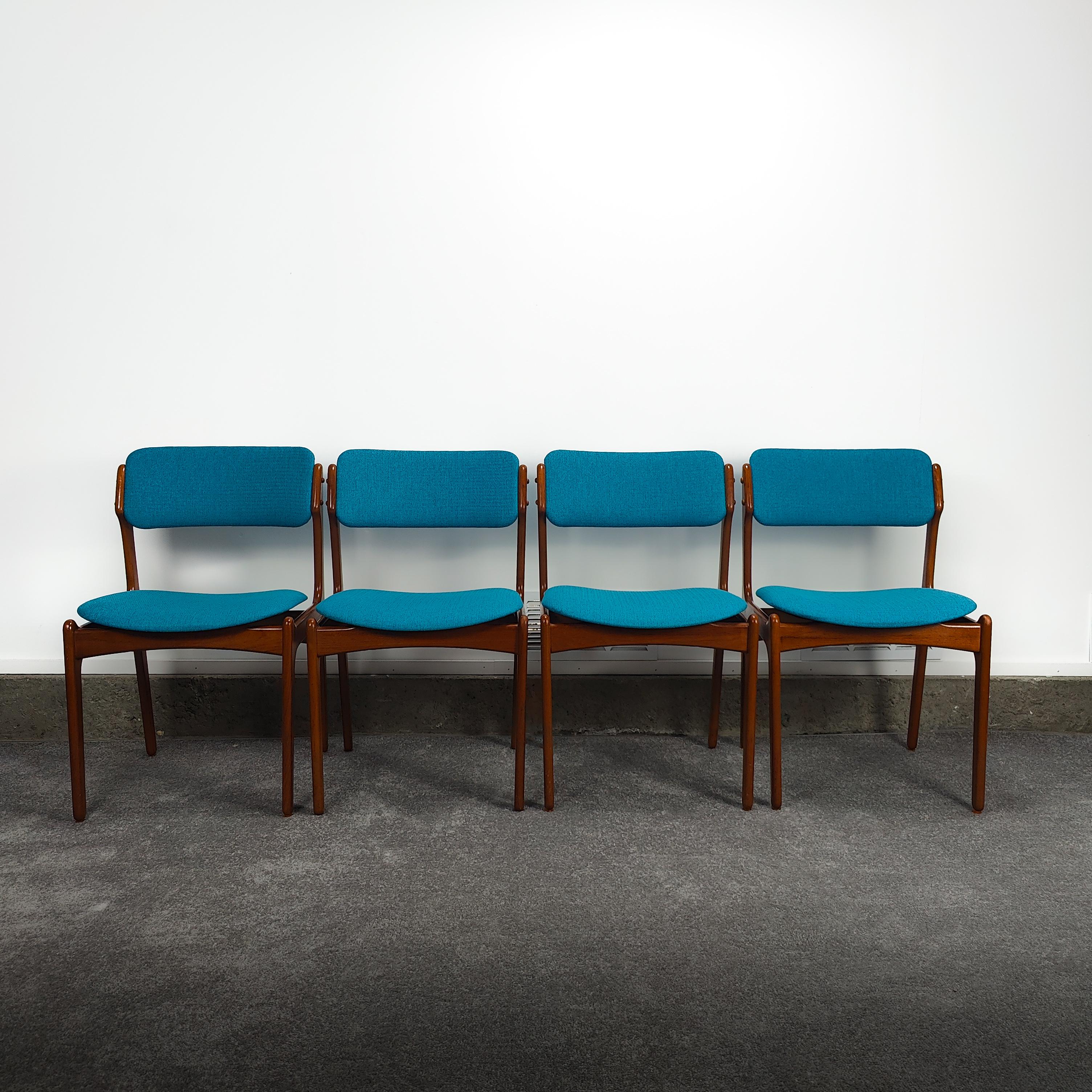 Now available is a set of 4 dining chairs by Erik Buch for o.d. Mobler. They feature a teak wood refinished with a beautiful aqua blue fabric. Each chair measures approximately 20