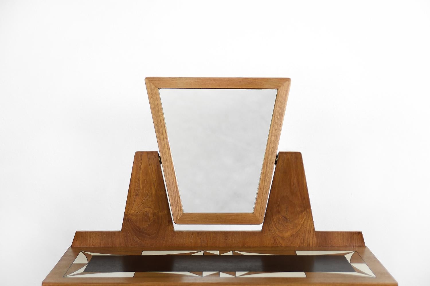 Vintage Mid-Century Modern Teak Dressing Table with Mirror&Hand Painted Tabletop 4