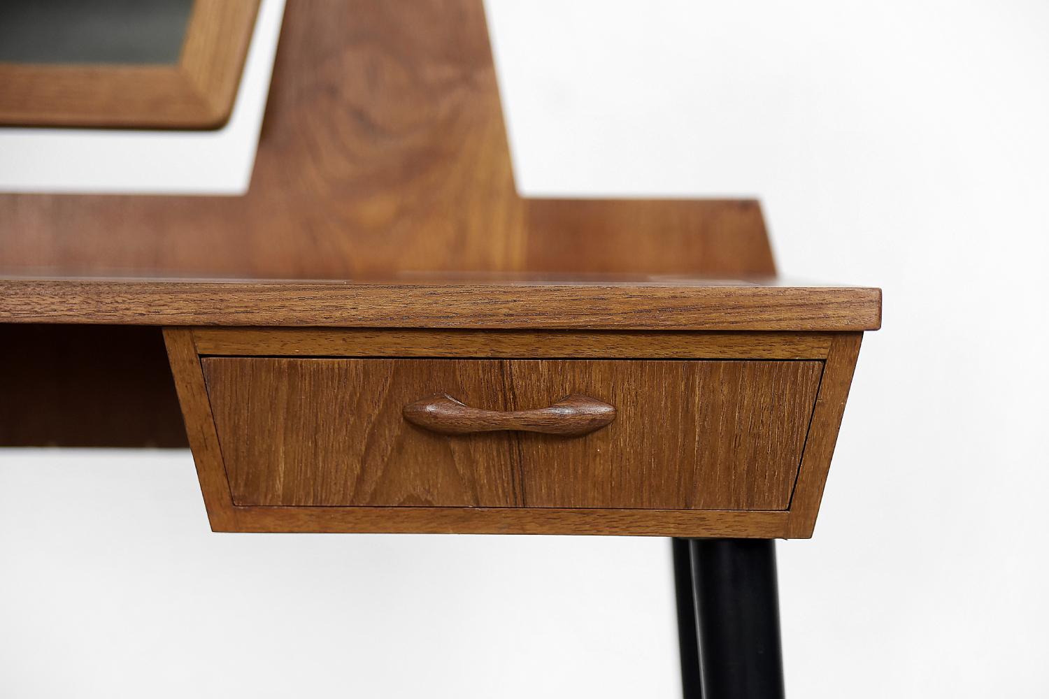 Vintage Mid-Century Modern Teak Dressing Table with Mirror&Hand Painted Tabletop For Sale 7