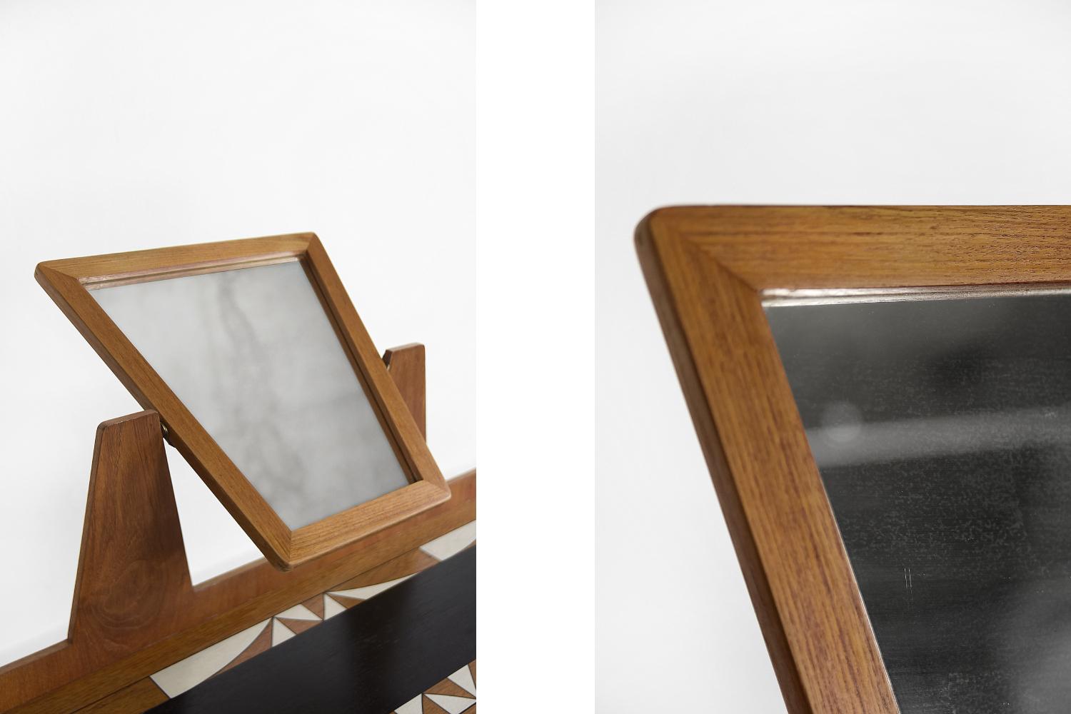 Vintage Mid-Century Modern Teak Dressing Table with Mirror&Hand Painted Tabletop For Sale 2