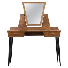 Vintage Mid-Century Modern Teak Dressing Table with Mirror&Hand Painted Tabletop