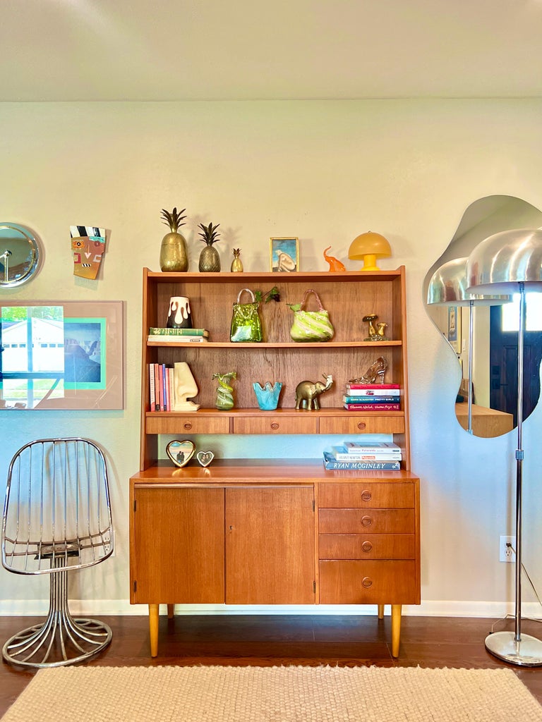 Vintage MidCentury Modern Teak Hutch with a Pullout Desk For Sale at