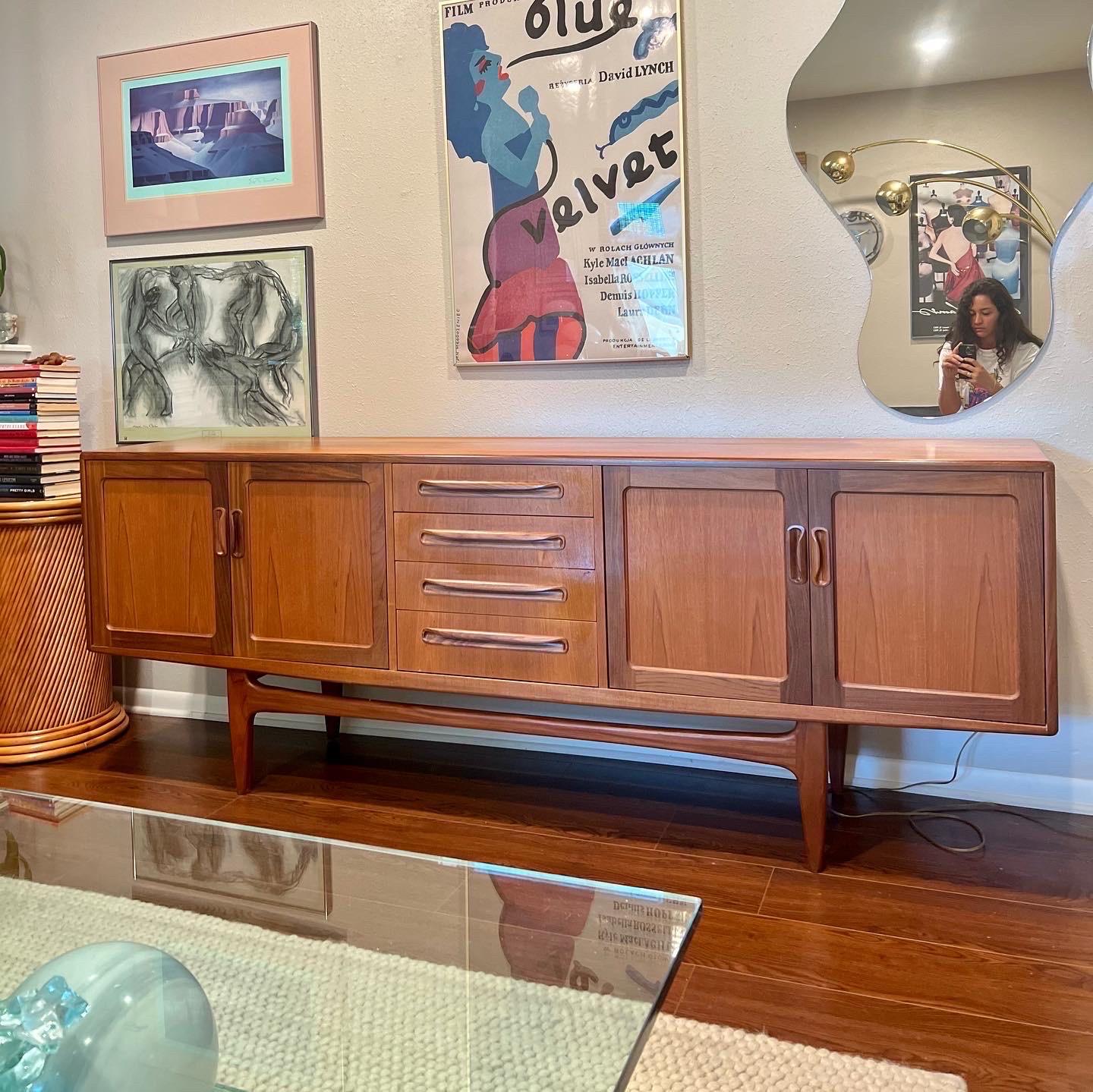 Gorgeous mid century modern G plan sideboard made of solid teak. G Plan’s “Fresco” range was arguably the most successful and highly sought after range. One small flaw on the sideboard, there is some minor discoloration on the middle 2nd drawer.