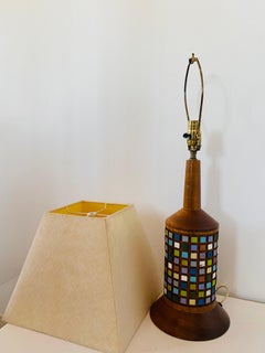 Vintage Mid-Century Modern Teak Table Lamp with Geometric Polychrome Lattice Des