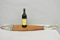 Vintage Mid Century Modern Teak Wood & Metal Fish Serving Platter Cutting Board