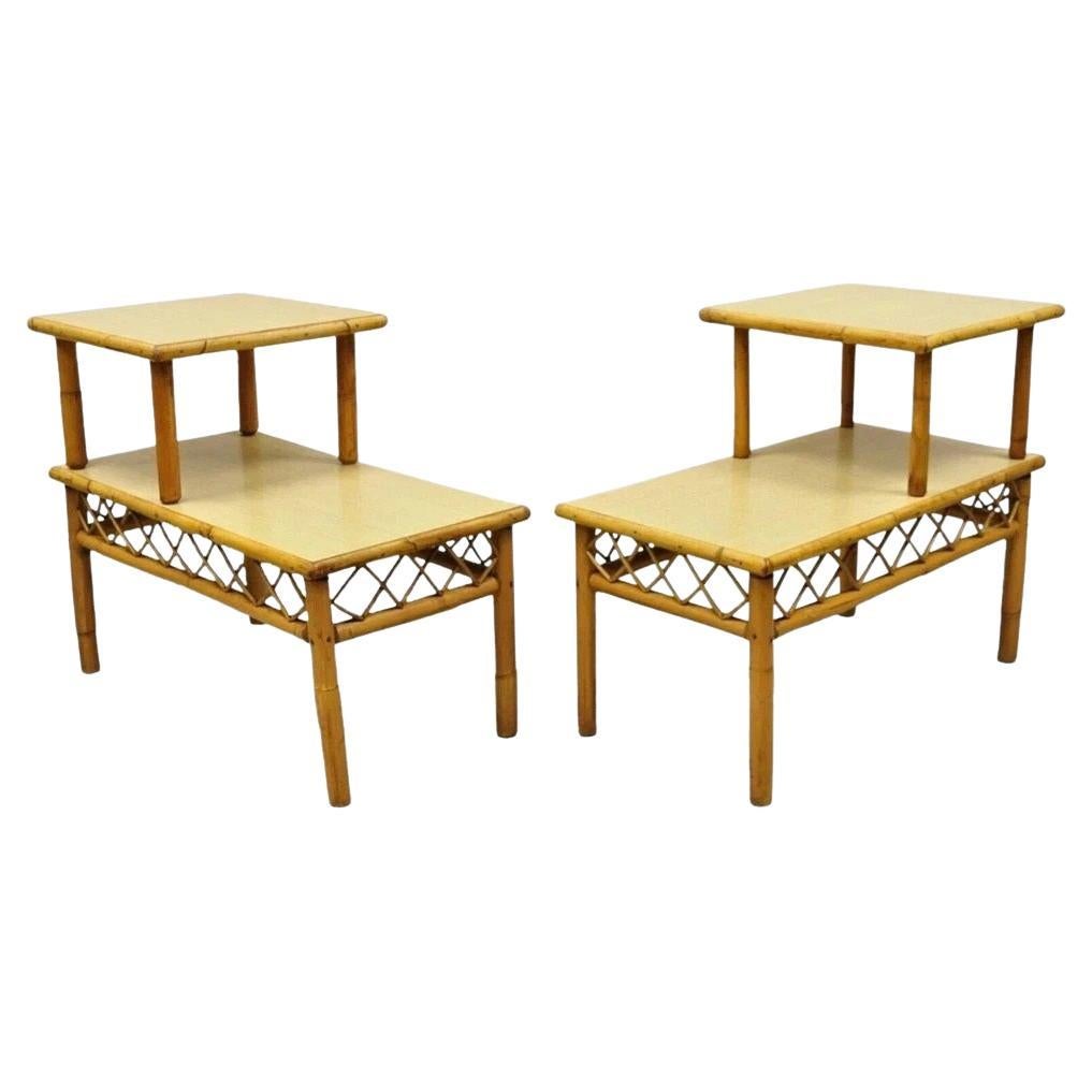 Vintage Mid Century Modern Tiki Room Rattan Bamboo Step Up End Tables - a Pair For Sale
