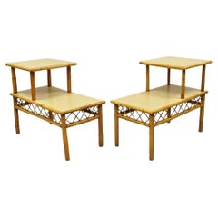 Vintage Mid Century Modern Tiki Room Rattan Bamboo Step Up End Tables - a Pair