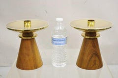 Vintage Mid Century Modern Tommi Parzinger Style Teak & Brass Candlestick - Pair