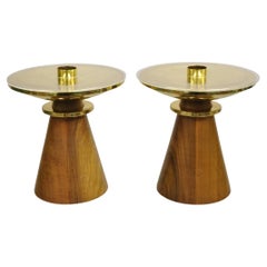 Vintage Mid Century Modern Tommi Parzinger Style Teak & Brass Candlestick - Pair
