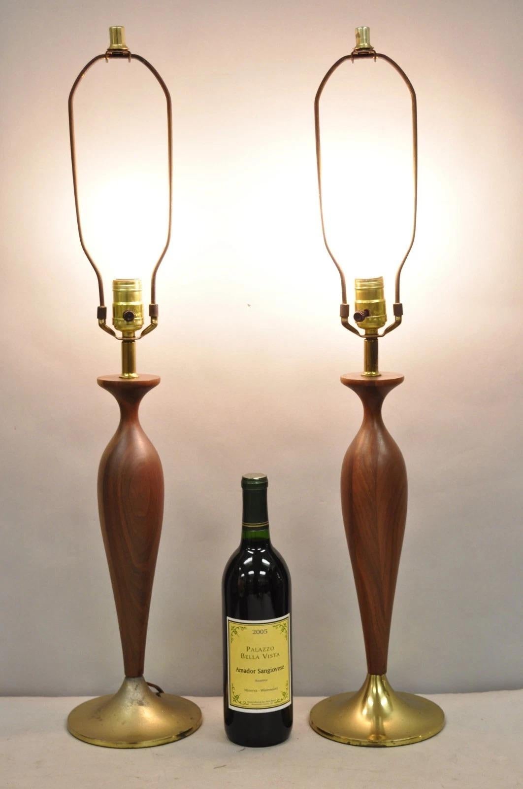 Vintage Mid Century Modern Tony Paul for Westwood Walnut & Brass Table Lamps - a Pair. Circa Mid 20th Century. Dimensions : 30