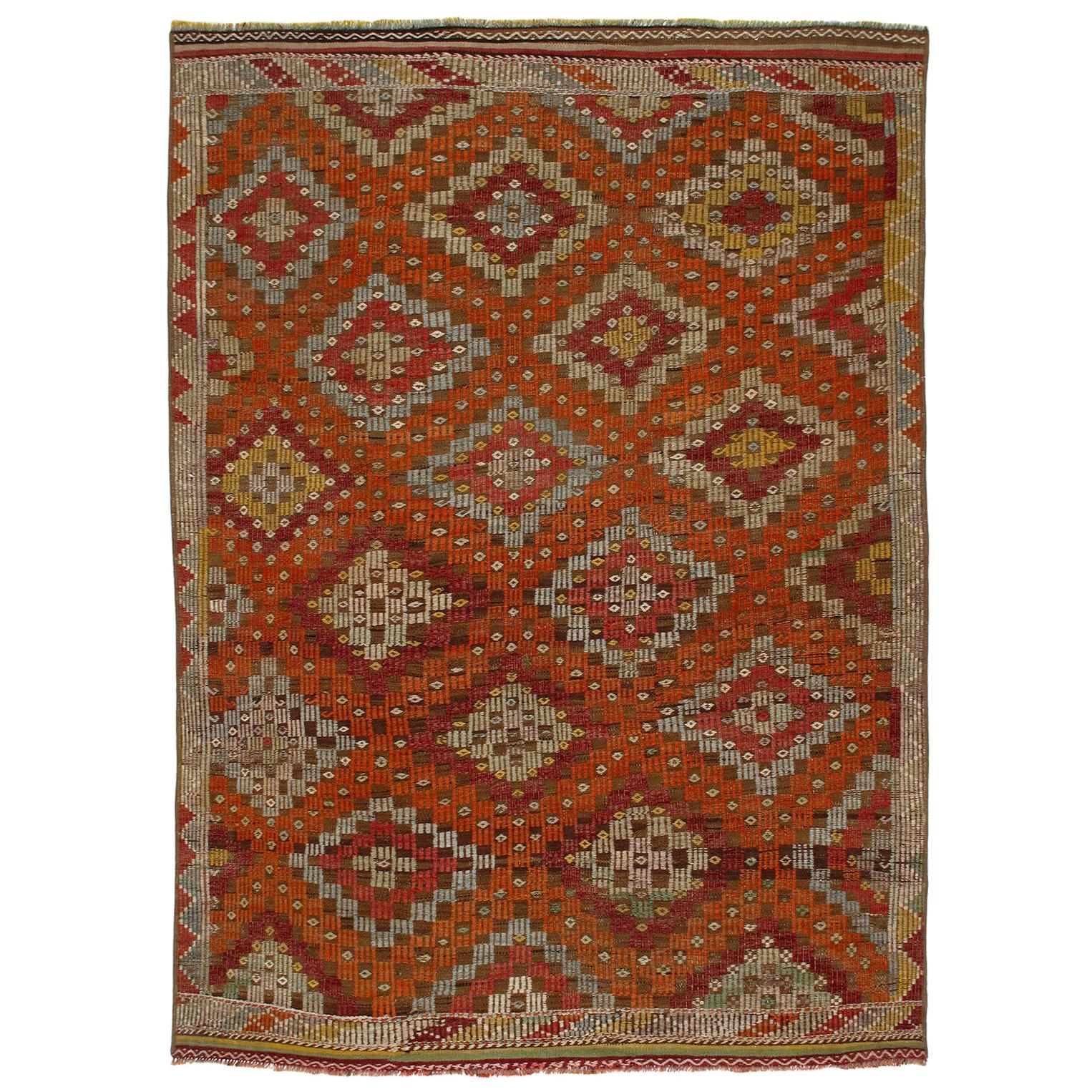 Vintage Mid-Century Modern Tribal Flat-Weave Rug