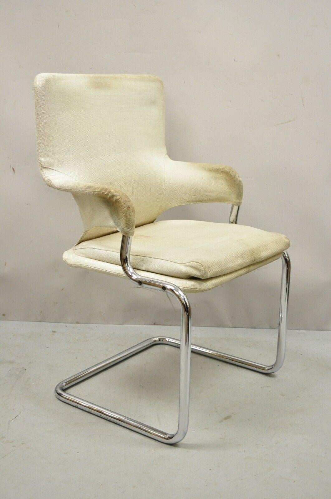 Vintage Mid-Century Modern Tubular Chrome Arm Chair with Burlap Seat For Sale 6