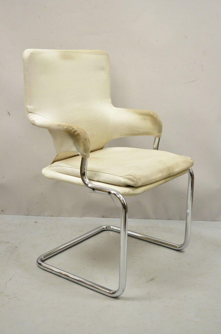 Vintage MidCentury Modern Tubular Chrome Arm Chair with Burlap Seat