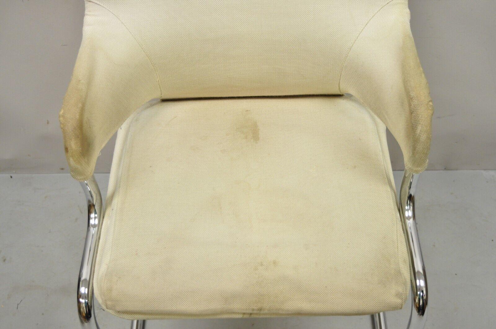Vintage Mid-Century Modern Tubular Chrome Arm Chair with Burlap Seat For Sale 1