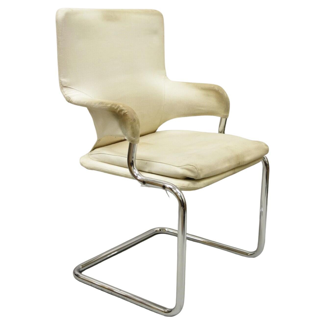 Vintage Mid-Century Modern Tubular Chrome Arm Chair with Burlap Seat For Sale