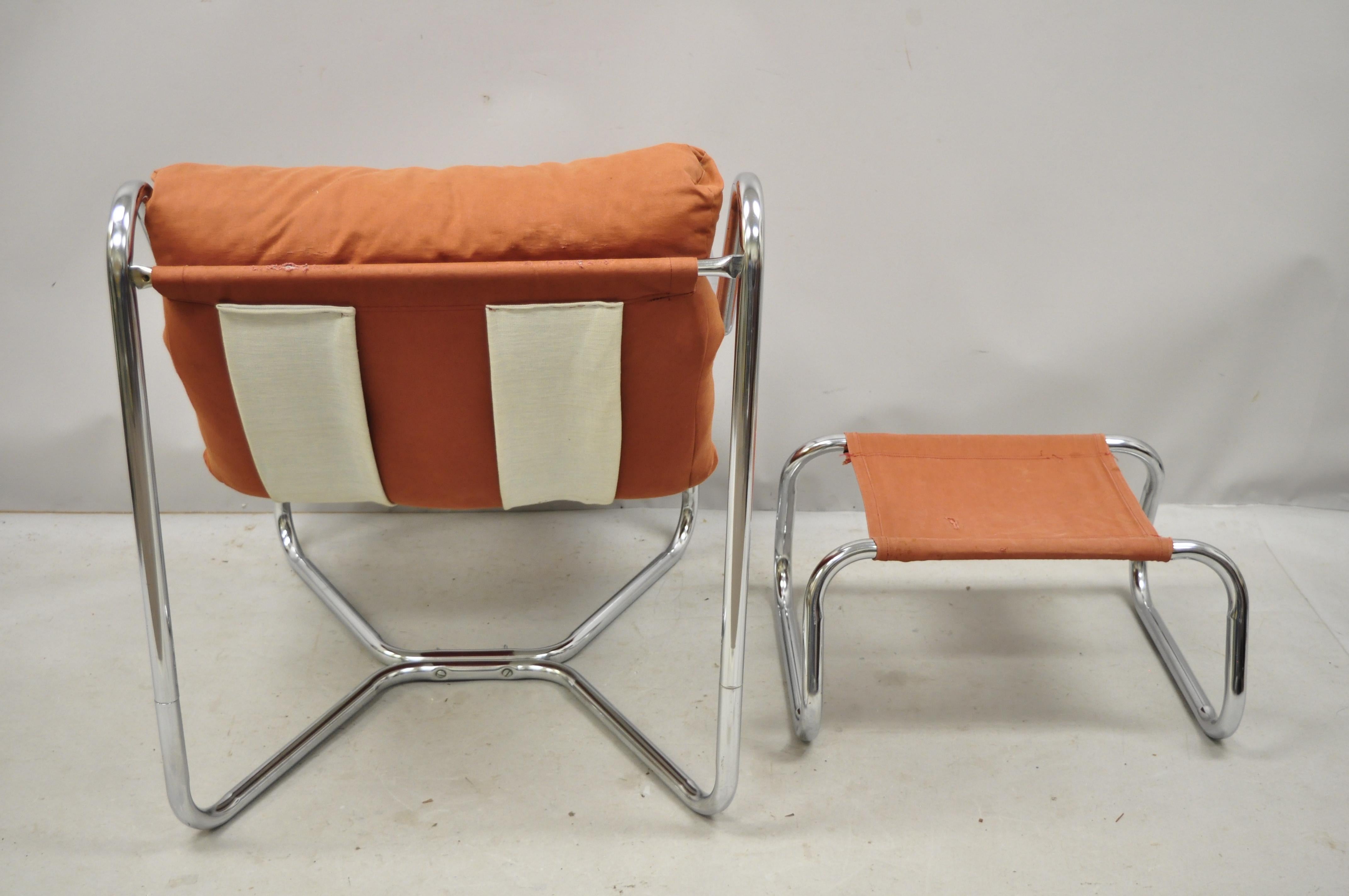 Vintage Mid-Century Modern Tubular Chrome Sling Lounge Chair and Ottoman 1