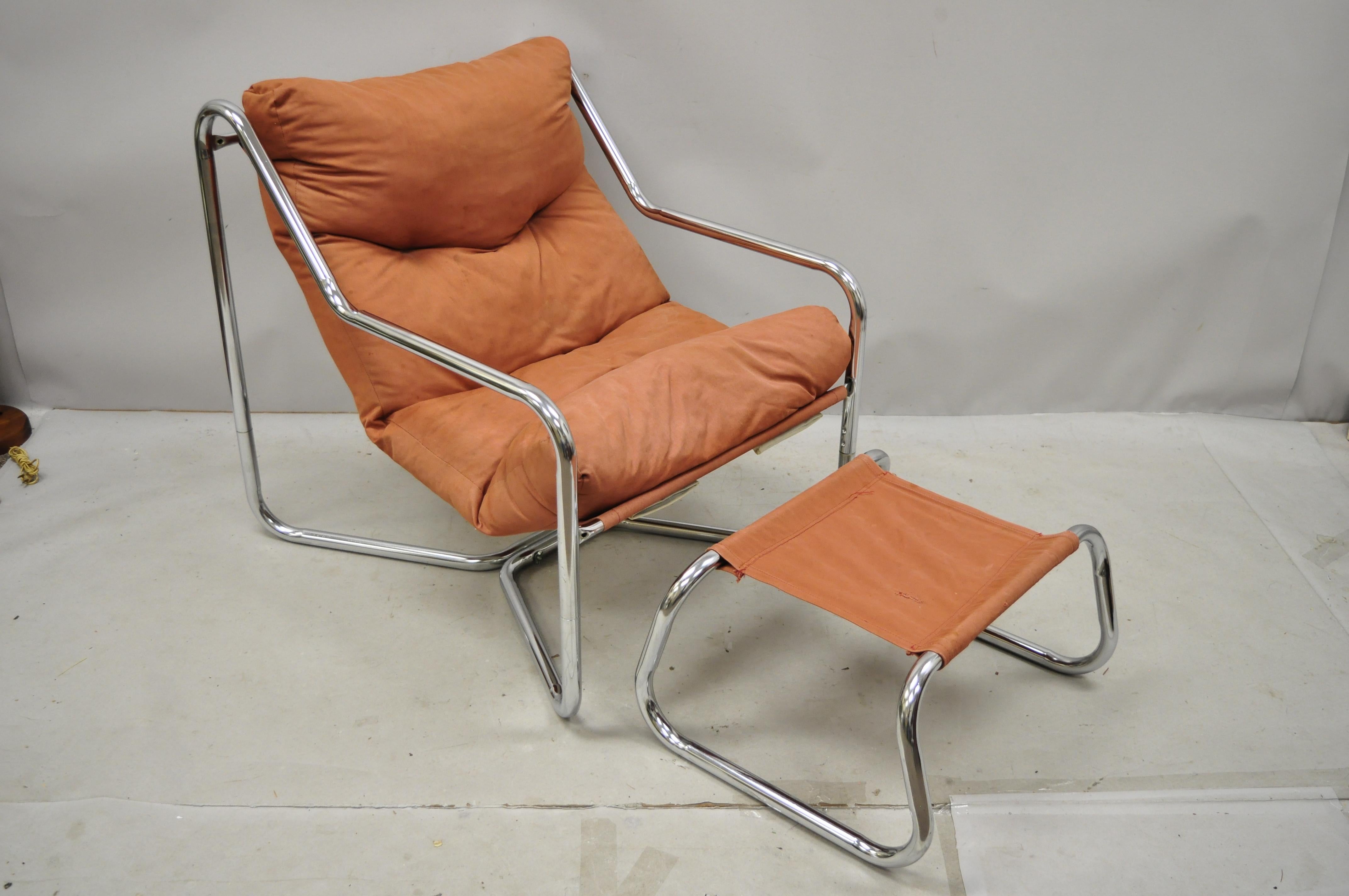 Vintage Mid-Century Modern Tubular Chrome Sling Lounge Chair and Ottoman 3