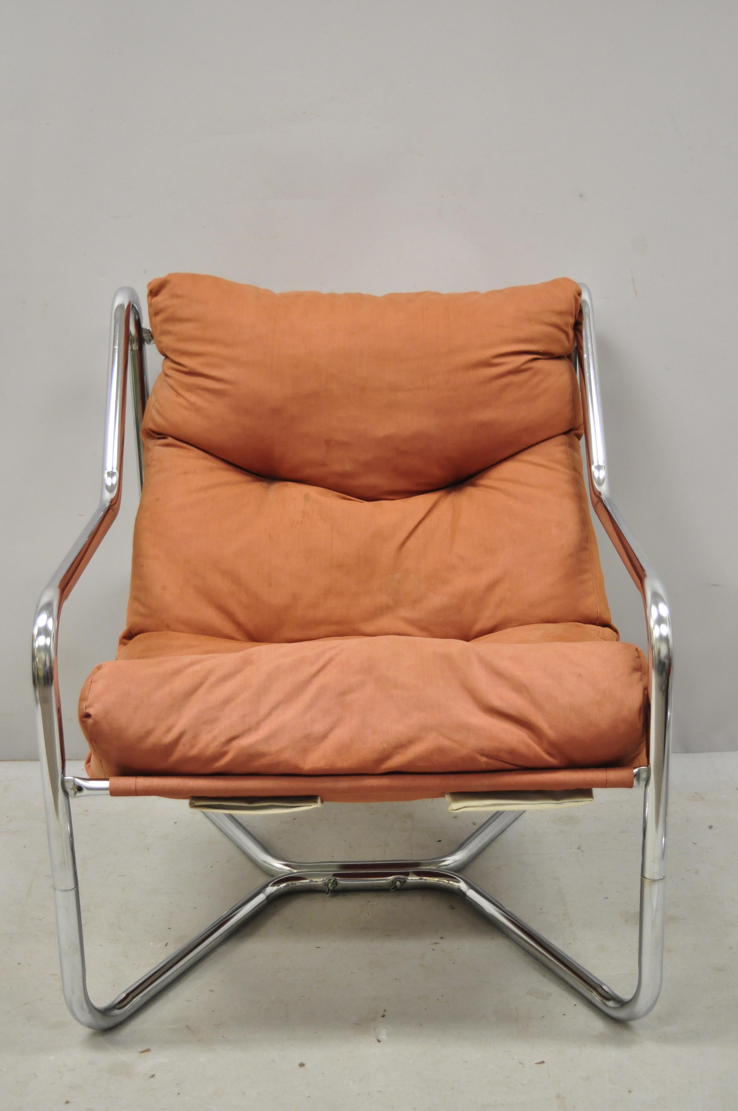 North American Vintage Mid-Century Modern Tubular Chrome Sling Lounge Chair and Ottoman