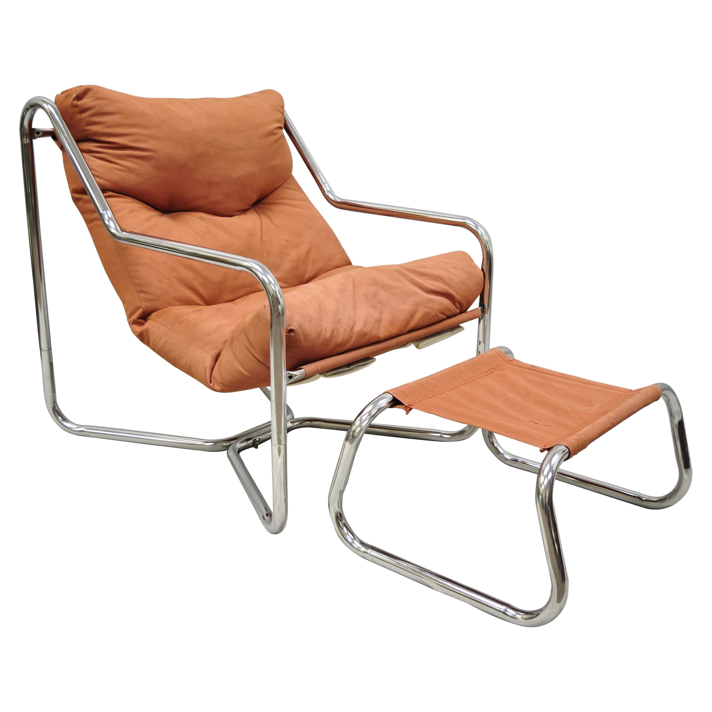 Vintage Mid-Century Modern Tubular Chrome Sling Lounge Chair and Ottoman