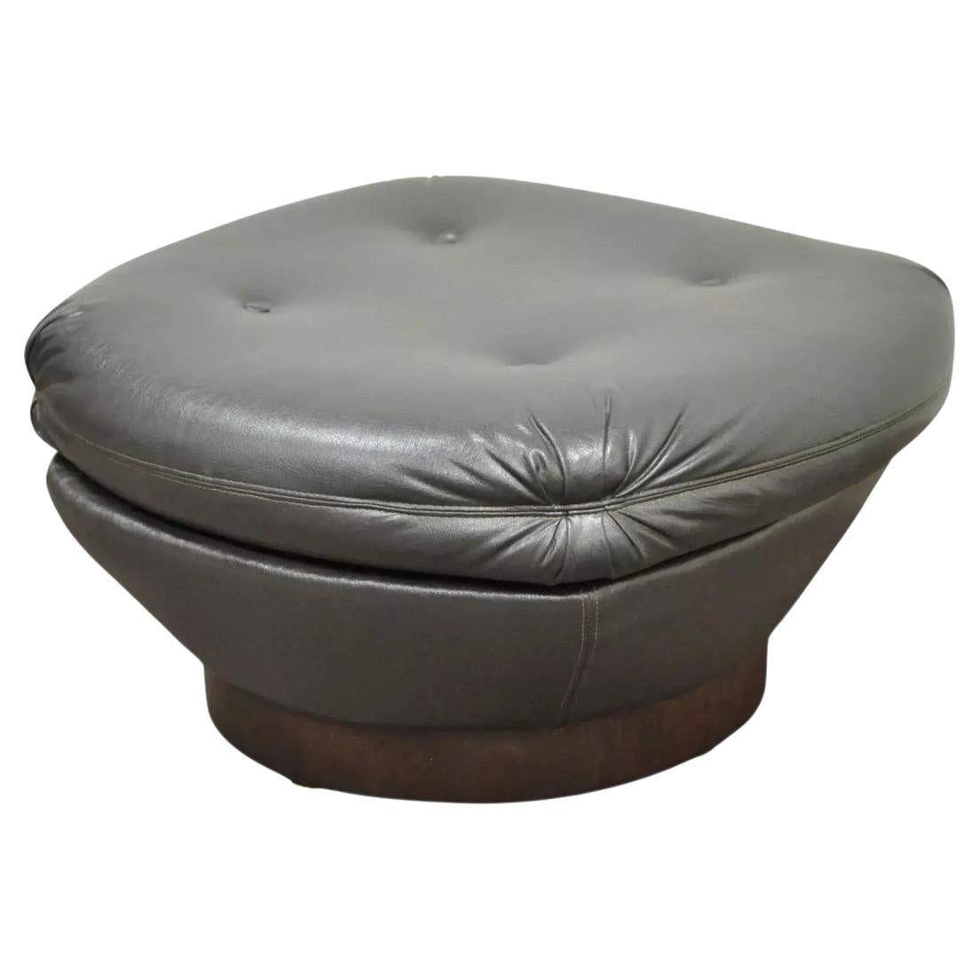 Vintage Mid Century Modern Tufted Brown Vinyl Walnut Chair Ottoman Footstool