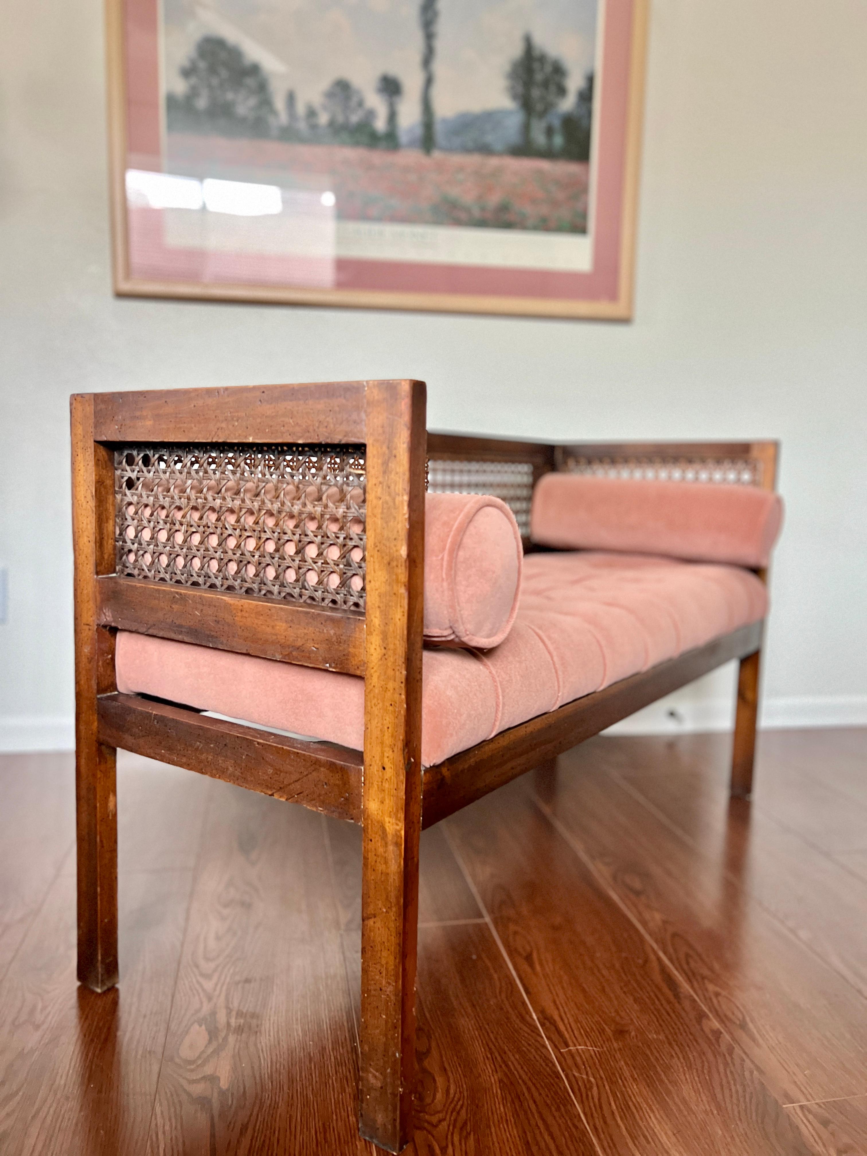 Vintage Mid-Century Modern Tufted Cane Back Walnut Settee Bench in Pink Mohair  4