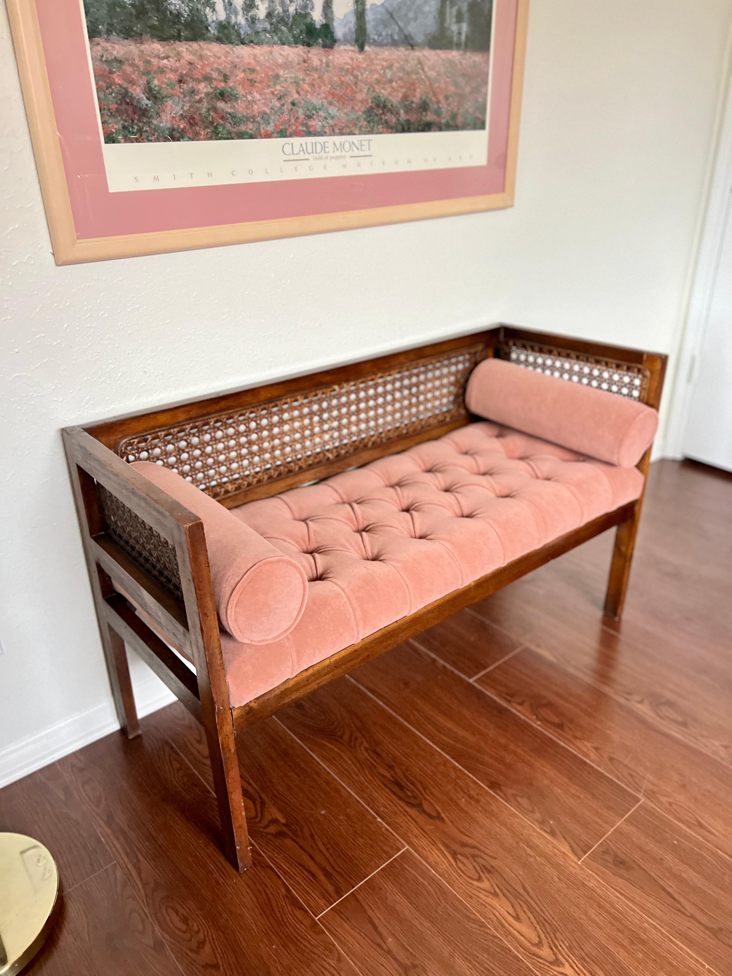 Vintage Mid-Century Modern Tufted Cane Back Walnut Settee Bench in Pink Mohair  5